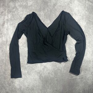 Halara Women Black Ribbed Long Sleeve Surplice Wrap V-Neck Top Large Athleisure